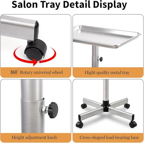 Salon Tray, Salon Color Tray with Adjustable Height, Metal Feet Tray on Wheels, Ideal Use As Tattoo Tray＆Dental Tray - color: Silver