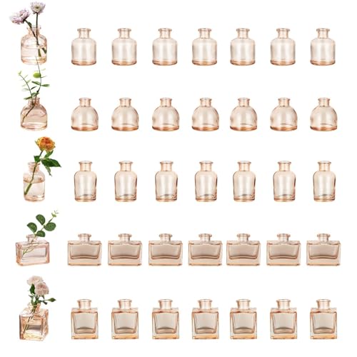 Glasseam Bud Flower Vases in Bulk: 40 Glass Cute Small Vases for Centerpieces Vintage Mini Wedding Birthday Party Table Centerpieces Tiny Baby Shower Dining Room Decoration Champagne - color: Champagne