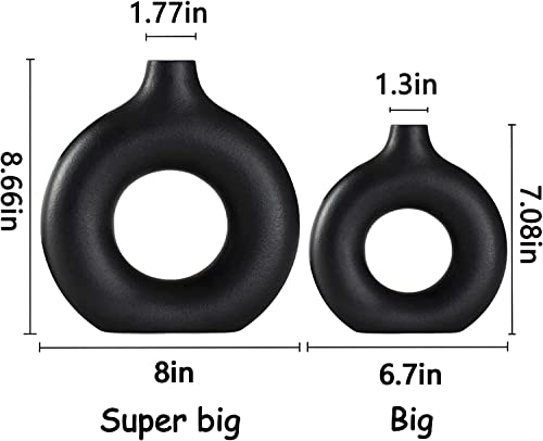 Ceramic Vases Set of 2, Modern Black Round Vase Rustic Home Decor, Donut Ceramic Design Apply to Living Room Kitchen Mantle Bedroom Dining Table Office Black Decor - color: Black, size: Big + Super Big