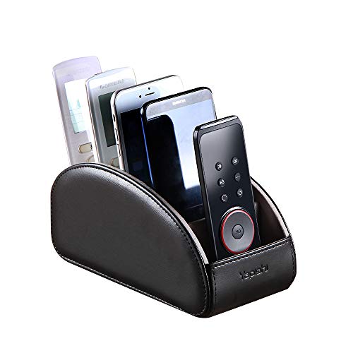 YAPISHI Large Leather TV Remote Control Holder Organizer Black with 5 Compartments Nightstand Desktop Media DVD Player Remote Tray Caddy Storage Box for Mobile Phone Pen Office Stationery Controllers - color: Black, size: Large