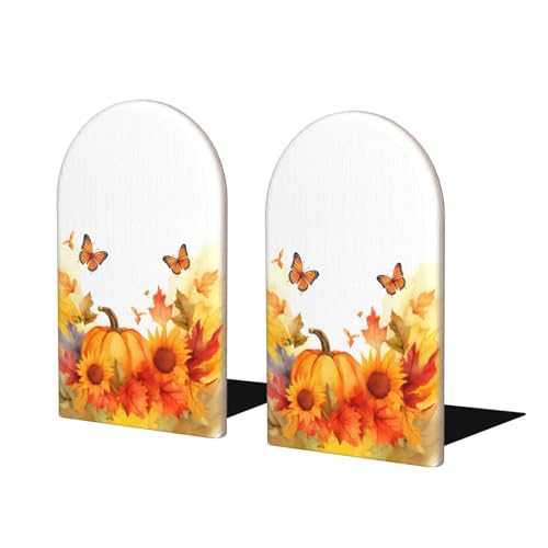Fall Pumpkins Maple Leaf L-Shaped Book Ends 1 Pair Wood Bookends Autumn Thanksgiving Book End Supports for Heavy Book Shelf Holder Home Decorative - color: Fall Pumpkins Maple Leaf
