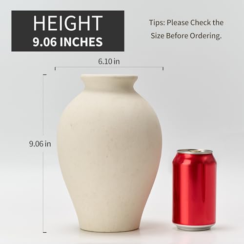 SIDUCAL Ceramic Vintage Flower Vase | 9 Inch Large Pottery Rustic Farmhouse Boho Vase for Home Decor, Table, Living Room, Bathroom, Coffee Desk, Shelf, Mantel Decoration, Wedding, White - color: 1009-white