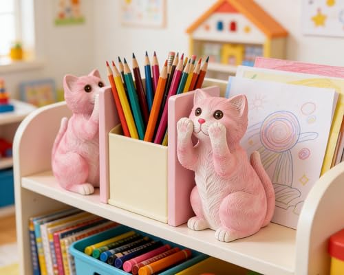 Cute Cat Bookends for Shelves, Heavy Duty Bookends, Decorative Bookends for Kids Books, Non-Skid Design, Pink Cat Statue Enthusiasts Gifts - color: Pink