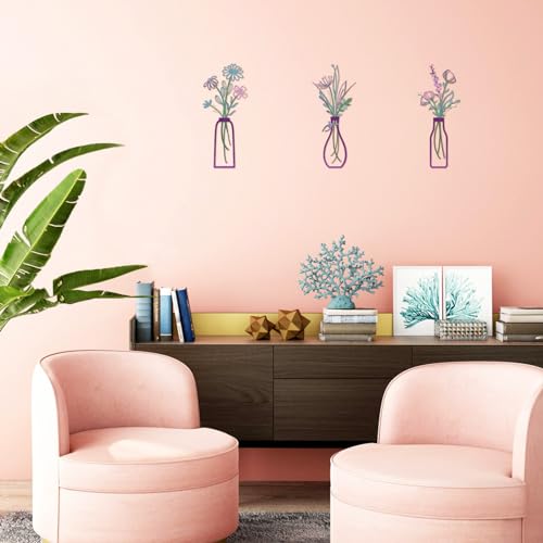 Pigort 3 Pieces Metal Flowers Wall Arts - Rustic Farmhouse Decor Purple Minimalist Flower Wall Decors for Living room Bathroom Bedroom Dining Room-Housewarming Gifts(Purple, Vase-C) - color: Purple