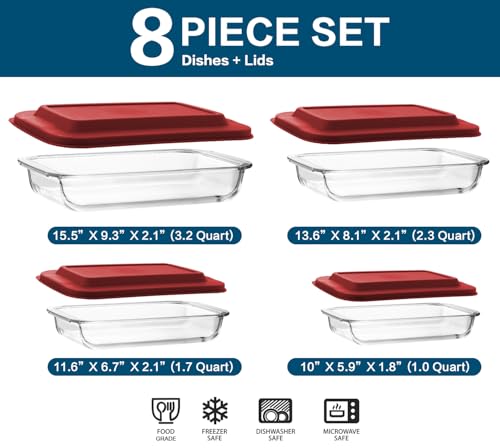 8-Piece Deep Glass Baking Dish Set with Plastic lids,Rectangular Glass Bakeware Set with Lids, Baking Pans for Lasagna, Leftovers, Cooking, Kitchen, Freezer-to-Oven and Dishwasher, Red - color: Red