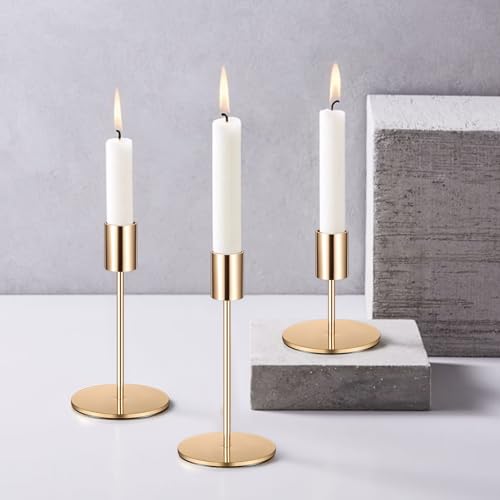 3 Pcs Gold Taper Candle Holders, Gold Candlestick Holderss, Candle Sticks Holder Decor for Mantel Centerpiece Fireplace Wedding Dinning Party Home Cabinet Table Decor(3 Heights)