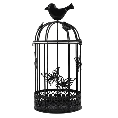 PRETYZOOM Vintage Wrought Iron Birdcage Candlestick Holder 8.7In Retro Tealight Candle Lantern for Home Decor Wedding Centerpiece - color: Black