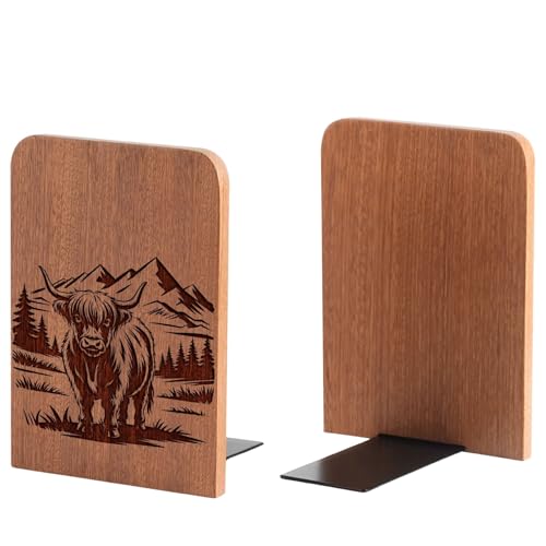Highland Cow Gifts for Women, Scottish Cow Bookends, Heavy Duty Wooden Bookends for Shelves Decorative(1 Pair, 4.72x6.69 Inches) - Scenery - color: Scenery