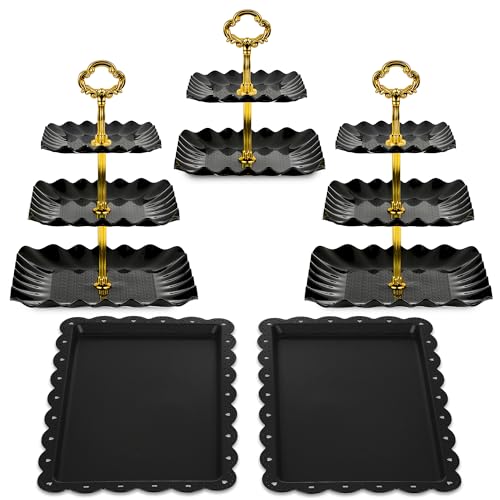NWK 5 Piece Cake Stand Set with 2 x 3-Tier Cupcake Stands, 1 x2-Tier Cupcake Stands, 2 x Appetizer Trays, for Wedding Birthday Baby Shower Tea Party Decorations (Black) - color: Black