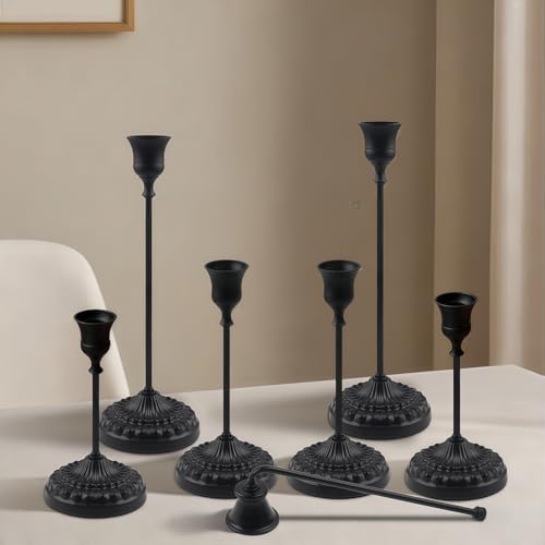 BEAHOT Matte Black Candle Holders Set of 6 with Matching Candle Snuffers – Elegant Non-Slip Candlestick Holders for Christmas Decorations Wedding Centerpiece, Dining Table & Home Gift Display - color: Black 6 Pack