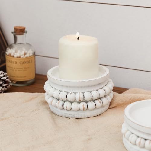 NIKKY HOME Farmhouse Beaded Wooden Candle Holders Set of 2, Rusitc Solid Wood Pillar Candlesticks Pedestal, Fireplace Mantle Table Centerpiece Decor, Distressed White
