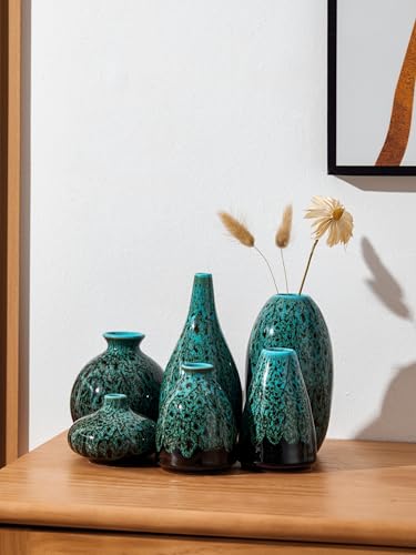Ceramic Bud Vase Set, Fambe Blue Glazed Finish, Decorative Flower Vases (Blue-Set of 6) - color: Blue-set of 6