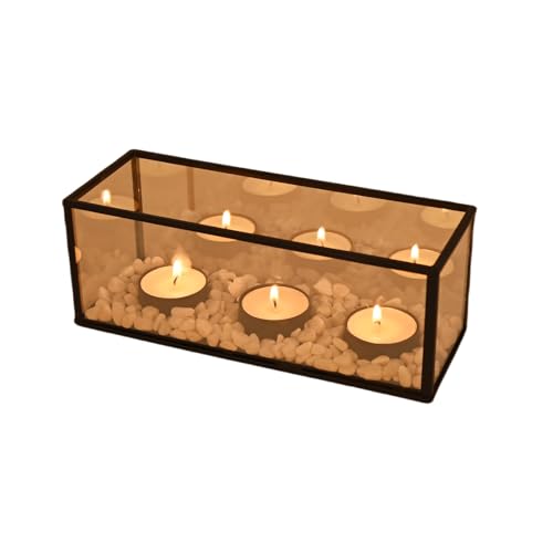Black Metal Glass Frame Candle Holder with 3 Round Tealight Bases，Long Glass Tea Light Candle Holder Centerpiece Box, 8.5 x 3.15 x 3.15in (3 Candle Cup Bases)