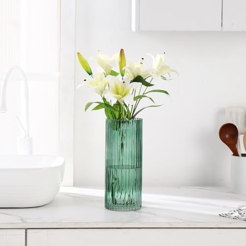 Green Glass Vase, Glass Flower Vase, Ribbed Glass Vase, Green Vase, Tall Cylinder Glass Vases for Centerpieces, Living Room, Bedroom, Dining Table, Office, Wedding, Bookshelf, 12 Inches - color: Green, size: 12''