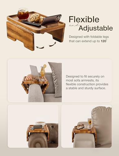 HOLANA 15.75" Acacia Couch Armrest Table with 360° Rotating Phone Holder, Wooden Couch Tray – Sofa Side Table, Armchair Caddy for Home Sofa Living Room (Acacia) - color: Acacia, size: 15.8" x 11" x 2"