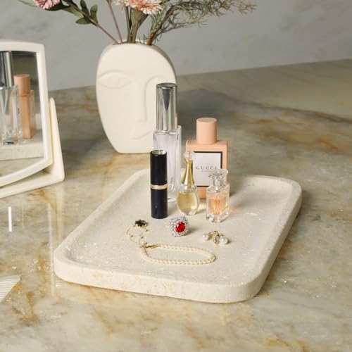 Koville Marble Vanity Tray, 12"x8" Marble Catchall Tray for Countertop Bathroom Kitchen Dresser, Rectangular Decorative Stone Tray for Jewelry Cosmetics Perfume Trinket(Brown) - color: Myra Beige