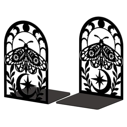Peacoblue Metal Bookends for Shelves, Modern Decorative Heavy Duty Study Book Support Stoppers for Office, Desk, Shelf, Room 5.3"x4.3"x7.9" Cast Iron Simple Tall Bookends, 1 Pair (Moth) - style: Moth