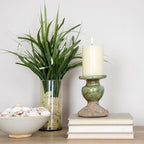 Creative Co-Op 2-Tone Sculptural Terracotta Pillar Candle Holder, Distressed Green - color: Green, size: 4.5" W x 5.25" H