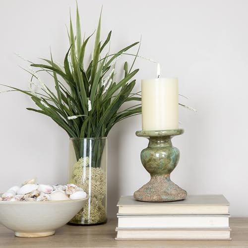 Creative Co-Op 2-Tone Sculptural Terracotta Pillar Candle Holder, Distressed Green - color: Green, size: 4.5" W x 5.25" H