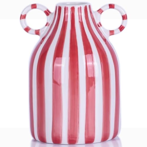 Red and White Ceramic Vase with Handle, Nordic Boho Small Vases Side Table Flower Centerpiece, Wide Mouth Single Flower Vase Pampas Grass Decorative - for Home Window Sill Living Dining Room Kitchen - color: Red and White