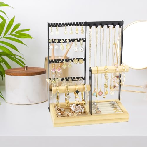 Jewelry Holder Organizer Jewelry Stand, 4-Tier Necklace Stand Earring Holder with Wooden Tray, Jewelry Rack for Bracelets Watches and Rings Display Stand, Gifts for Women & Girls-Black - color: Black