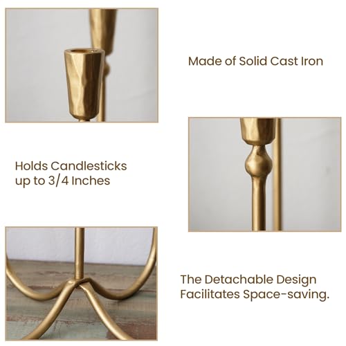 Large Iron Candelabra Centerpieces for Tables, 17.7'' Tall Taper Candle Holders, Vintage Brass Gold Candlestick Holders, Antique Fireplace Mantel Decorations for Living Room, 5 Arms