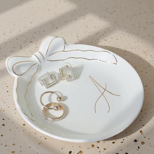 COLLECTIVE HOME Custom Initial Ceramic Jewelry Tray with Bow - Ring Holder & Earring Dish | Christmas Gift Idea for Women, Unique Birthday Present for Her (A) - color: A