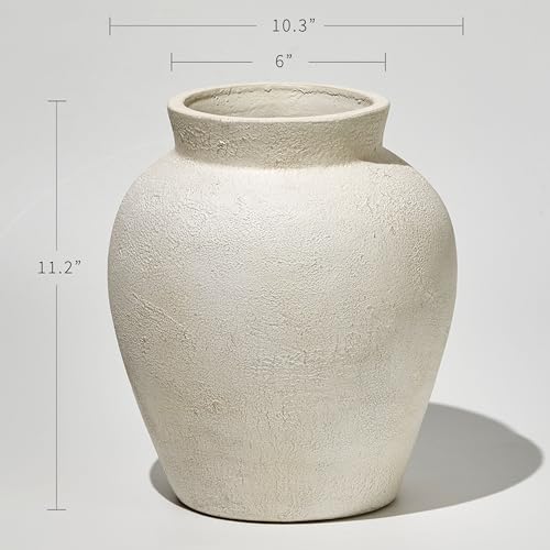 LB2 White Ceramic Large Vase, 11.2" Tall Zen Style Vase, Terra Cotta Pitcher, Distressed Farmhouse Decor, Pottery Decorative Flower for Home Décor - color: White - 11.2"