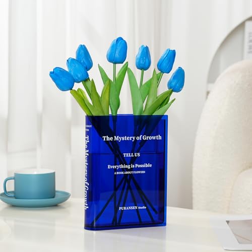 Puransen Blue Book-Shaped Vase for Flowers - Aesthetic Room Decor for Modern Home/Office, Minimalist Shelf Organizer with Floral Display, for Book Lovers & Interior Design Enthusiasts - color: Transparent Blue
