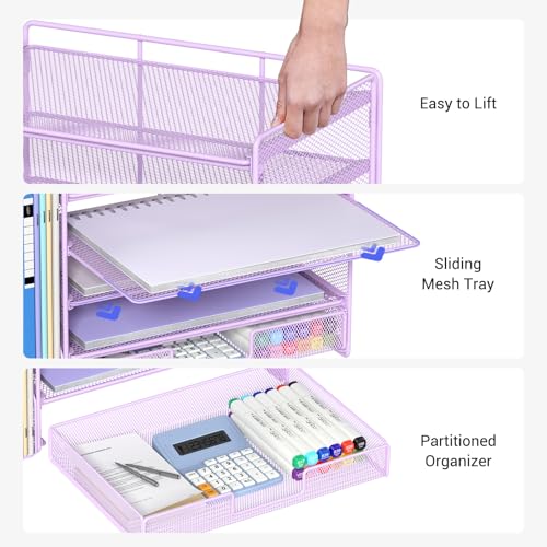 OPNICE Desk Organizer, 5-Tier Paper File Organizer with Drawer & Pen Holder, Office Desk Accessories, Workspace Desktop Organizer for Office Supplies(Purple) - color: Purple, size: 5-Tier