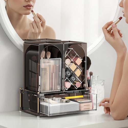 INVSSENE Stackable Makeup Organizer Countertop, Storage Perfume Skincare Cosmetic Lipstick Face Mask Makeup Brush Palettes, Ideal for Vanity Bathroom Counter - color: 3515 Coffee+Clear
