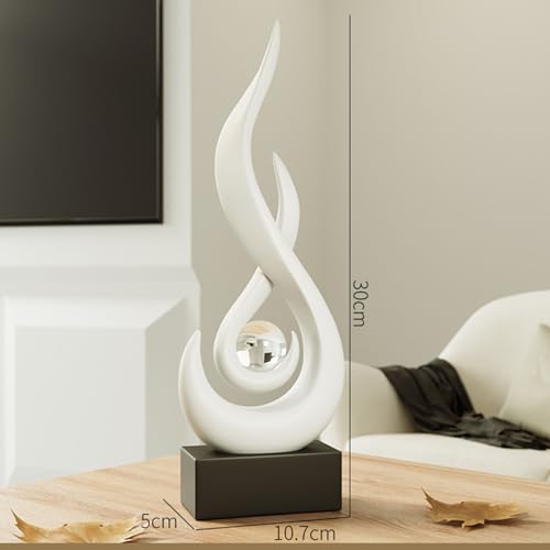 Modern Flame Sculpture Decor Flame Statue with Glass Ball Resin Abstract Art Figurines Centerpiece for Home Living Room Stand Coffee Table Office Decor (Medium White) - color: Medium White
