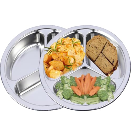 Stainless Steel Dinner Plates 2 Packs 8 Inch Portion Control Divided Plates for Adults Bariatric Weight Loss Diabetic Diet Reusable Camping Serving Round Dinner Plate 3 Compartment - size: 7.87 Inch (3 Sections)