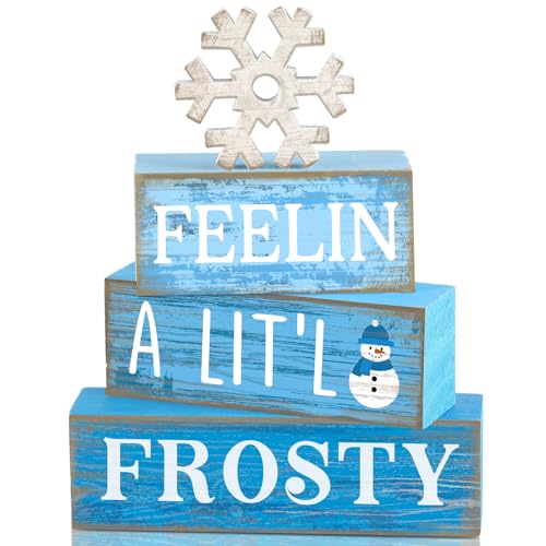 Yuntau 4 Pcs Winter Wooden Tabletop Decor Christmas Snowflake Tiered Tray Decor Rustic Wood Block Sign Gift Winter Centerpiece for Shelf Office Farmhouse Table Frozen Birthday Party Decoration - style: Snowflake
