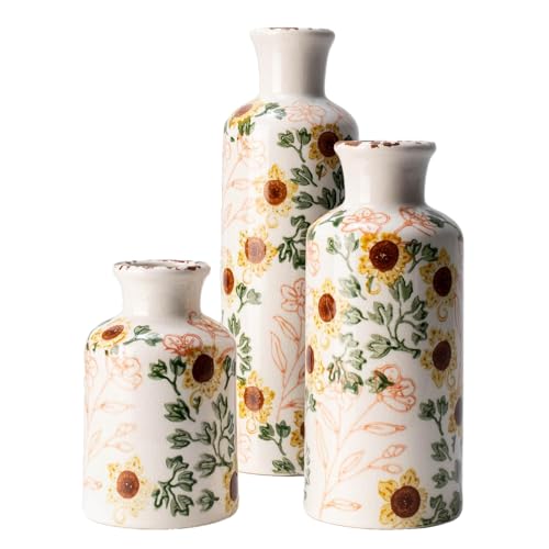 Vintage Ceramic Flower Vase Set of 3, Rustic Farmhouse Vase for Home Decor, Distressed Decorative Vase for Table Entryway Mantel Centerpiece Living Room Bathroom Bedroom (Sunflower Crackle) - color: 110-sunflower Crackle