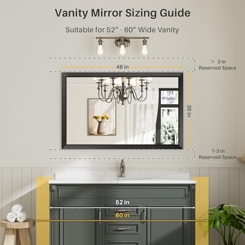 Briivue 48x30 Inch Black Bathroom Mirror for Wall, Thick Metal Framed Rectangle Mirrors for Over Sink, Bedroom, Living Room, Entryway, Anti-Rust, HD Tempered Glass - color: Black, size: 48"L x 30"W