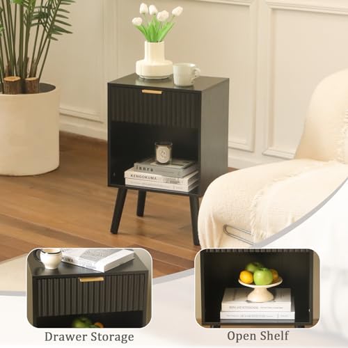 Fultyle Black Fluted Nightstand, Modern Bedside Table with Drawer and Opening Storage, End Side Table Living Room with Solid Wood Legs for Bedroom (Black) - color: Black