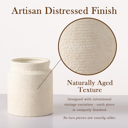 Ceramic Flower Vase 6.5 inch Farmhouse Rustic Vase for Home Decor Handcrafted Pottery Vase Small Terracotta Vases for Table Decor Fireplace Living Room Bathroom Wedding Centerpiece (S-Off White) - color: S-antique Off White