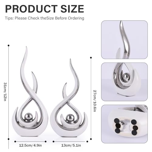 Ceramic Abstract 2 Piece Statue Set, White and Silver Home Decor Accents for Home Decor Statue Mantle Shelf Unique Decor, TV Cabinet Partition Table Top and Dining Table Centerpiece. - color: Ws