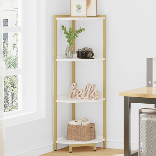 Hzuaneri Corner Shelf Stand, Corner Bookshelf, Storage Standing Shelf Unit with Metal Frame, Plant Stand, Bookcase for Living Room, Home Office, Bedroom, 4-Tier White Gold CS05803A - color: White Gold, size: 4 Tier