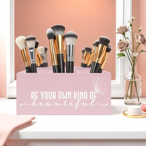 Be Your Own Kind of Beautiful Makeup Brush Toothbrush Holder, Pink Inspirational Wooden Pen Pencil Holder Organizer for Dorm Bedroom Desk Accessories, Back to School Gifts for Girls - color: Color-Desk accessories pink 18