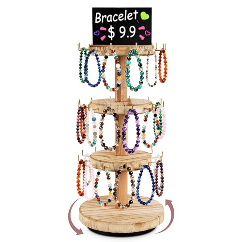 3 Tier Bracelet Holder,Wooden Rotating Bracelet Display Stand with 36 Hooks and Tray,360°Rotating Jewelry Holder Organzier for Bracelet, KeyChain, Necklace, Jewelr