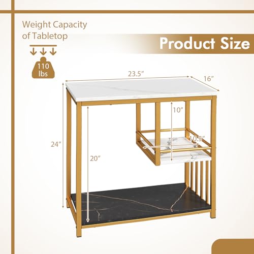 Giantex Side Table with Storage, 3-Tier End Table with Golden Polished Steel Frame Sofa Couch Table for Living Room, Modern Nightstand for Bedroom, Easy Assembly, Marble & Golden