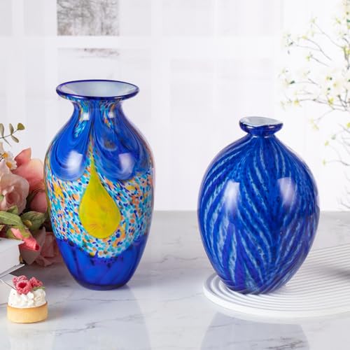 KAMMAK Colored Glass Vase, Beautiful Hand Blown Decorative Vase, Modern Art Vase for Flower Mantle Dining Table Centerpiece, Entryway Living Room Wedding Decoration (JG2055) - style: JG02055