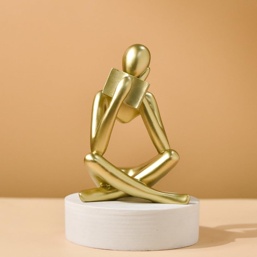Gold Thinker Statue Reading a Book - Resin Modern Abstract Figurine Home Office Desk Decor, Unique Gift for Book Lovers (Style B) - color: Reader-gold-b