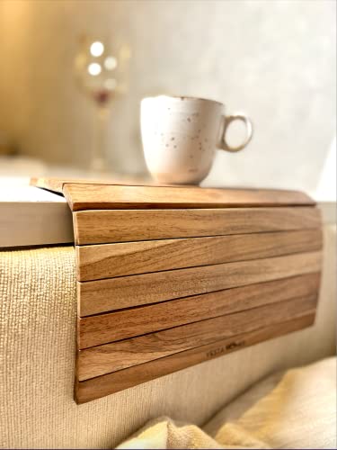 Vesta Homes Sofa Armrest Tray Set of 2 | Acacia Wood | Tambour Tray | Flexible and Foldable | Dining Table Mat | Suitable for Food, Drinks, Snacks, Cup | 17 * 11 Inches | Handcrafted in India - style: Set of 2 Couch Armrest