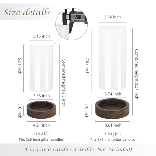 Ronasip Set of 2 Hurricane Candle Holders with Wood Base & Glass Cylinder (4.2x5.9” & 4.6x7.8”) – Rustic Wooden Candle Holders for Home Decor, Weddings, Table Centerpieces (2, Brown) - color: Brown