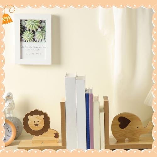 Harloon 2 Pcs Animal Bookends for Kids Wooden Decor Safari Bookends Decor for Girl Children Bedroom Home(Lion Elephant) - style: Lion Elephant