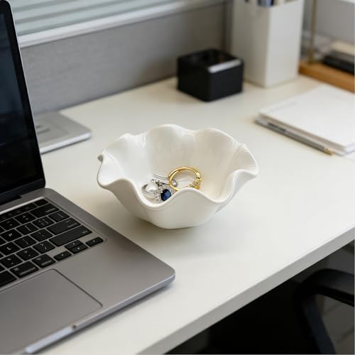 Flower Ring Dish Jewelry Tray, Cute Ceramic Jewelry Dish Tray, Room Decor Small Trinket Dish, Nightstand Ring Holder Dish, Bathroom Jewlery Plate Bowl for Earrings, Birthday Gifts for Women - color: White