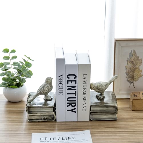 MyGift Resin Decorative Bookends for Heavy Books with Bird and Book Design, Farmhouse Book Ends, Vintage White Bookends, 1 Pair - color: White